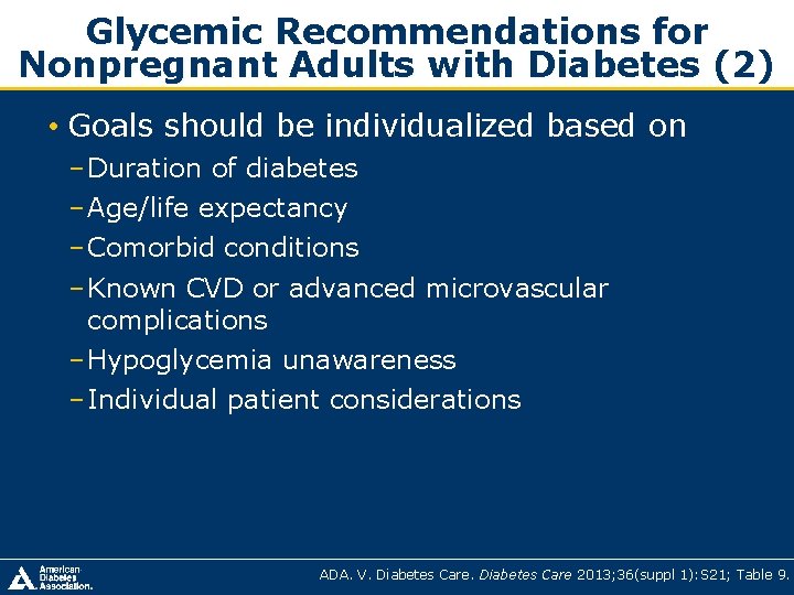 Glycemic Recommendations for Nonpregnant Adults with Diabetes (2) • Goals should be individualized based Glycemic Recommendations for Nonpregnant Adults with Diabetes (2) • Goals should be individualized based