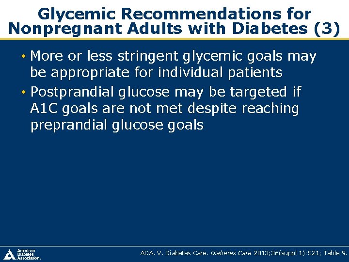 Glycemic Recommendations for Nonpregnant Adults with Diabetes (3) • More or less stringent glycemic Glycemic Recommendations for Nonpregnant Adults with Diabetes (3) • More or less stringent glycemic