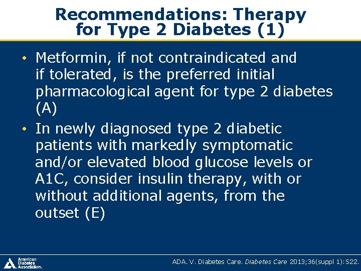 Recommendations: Therapy for Type 2 Diabetes (1) • Metformin, if not contraindicated and if Recommendations: Therapy for Type 2 Diabetes (1) • Metformin, if not contraindicated and if