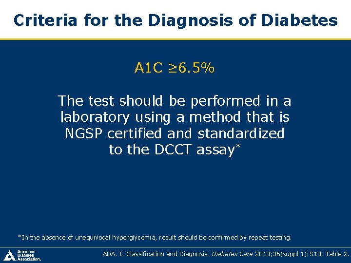 Criteria for the Diagnosis of Diabetes A 1 C ≥ 6. 5% The test Criteria for the Diagnosis of Diabetes A 1 C ≥ 6. 5% The test