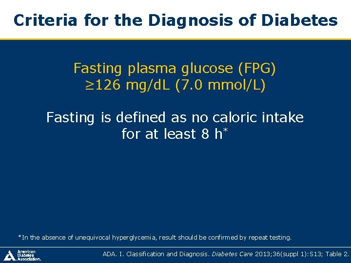 Criteria for the Diagnosis of Diabetes Fasting plasma glucose (FPG) ≥ 126 mg/d. L Criteria for the Diagnosis of Diabetes Fasting plasma glucose (FPG) ≥ 126 mg/d. L