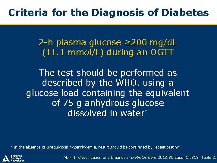 Criteria for the Diagnosis of Diabetes 2 -h plasma glucose ≥ 200 mg/d. L Criteria for the Diagnosis of Diabetes 2 -h plasma glucose ≥ 200 mg/d. L
