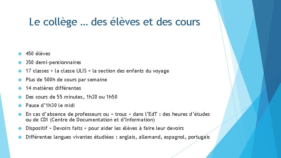 Le collège … des élèves et des cours 450 élèves 350 demi-pensionnaires 17 classes