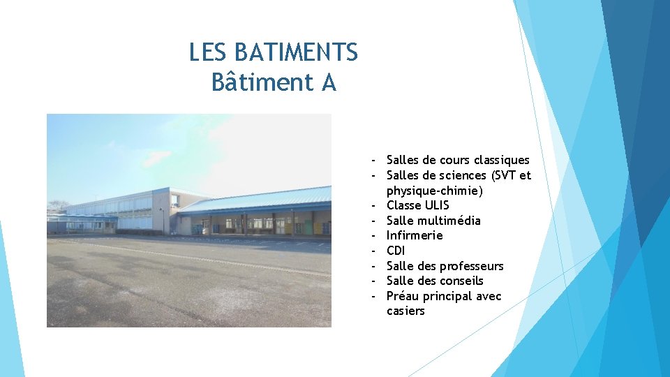 LES BATIMENTS Bâtiment A - Salles de cours classiques - Salles de sciences (SVT