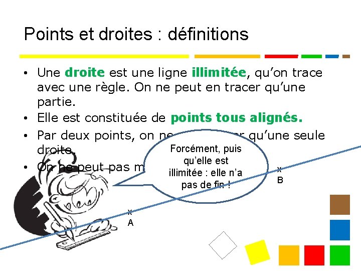 Points et droites : définitions • Une droite est une ligne illimitée, qu’on trace