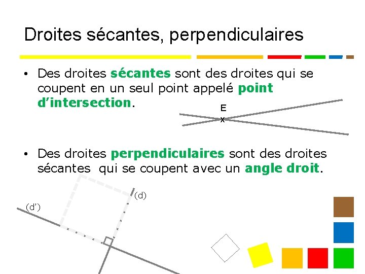 Droites sécantes, perpendiculaires • Des droites sécantes sont des droites qui se coupent en