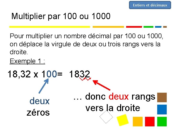 Entiers et décimaux Multiplier par 100 ou 1000 Pour multiplier un nombre décimal par