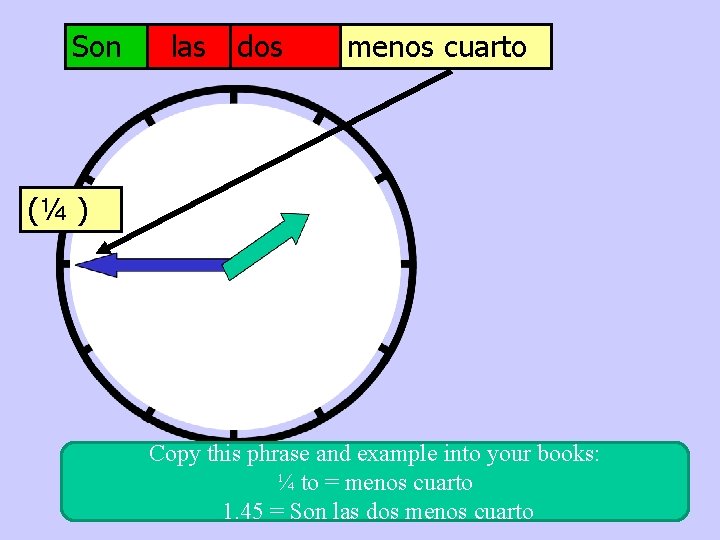 Son las dos menos cuarto (¼ ) Copy this phrase and example into your