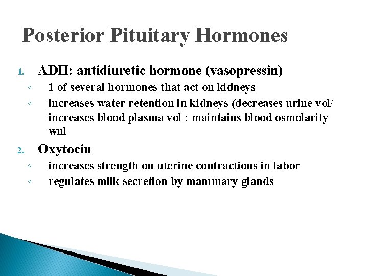 Posterior Pituitary Hormones ADH: antidiuretic hormone (vasopressin) 1. ◦ ◦ 1 of several hormones Posterior Pituitary Hormones ADH: antidiuretic hormone (vasopressin) 1. ◦ ◦ 1 of several hormones