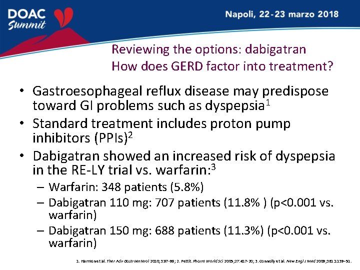 Reviewing the options: dabigatran How does GERD factor into treatment? • Gastroesophageal reflux disease