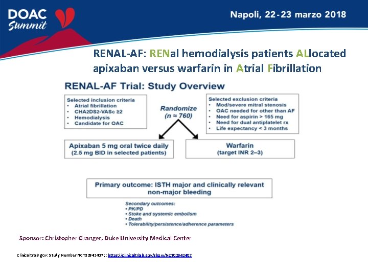 RENAL-AF: RENal hemodialysis patients ALlocated apixaban versus warfarin in Atrial Fibrillation patients Sponsor: Christopher