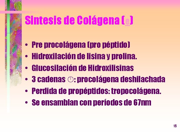 Sintesis de Colágena (e) • • • Pre procolágena (pro péptido) Hidroxilación de lisina