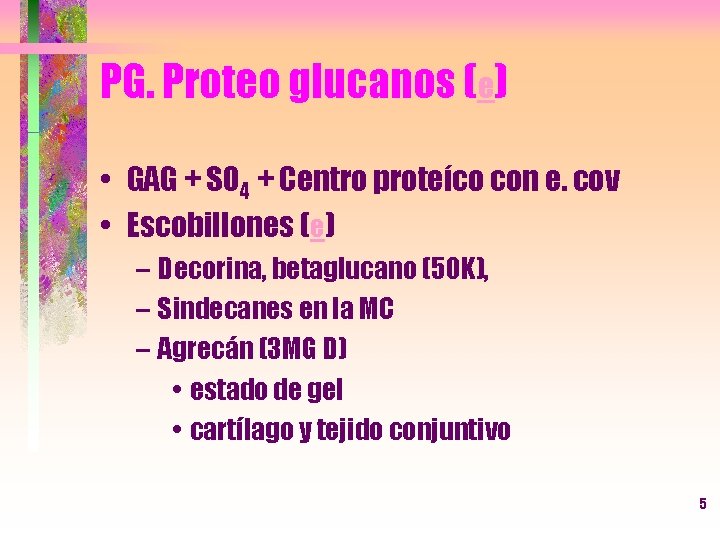PG. Proteo glucanos (e) • GAG + SO 4 + Centro proteíco con e.