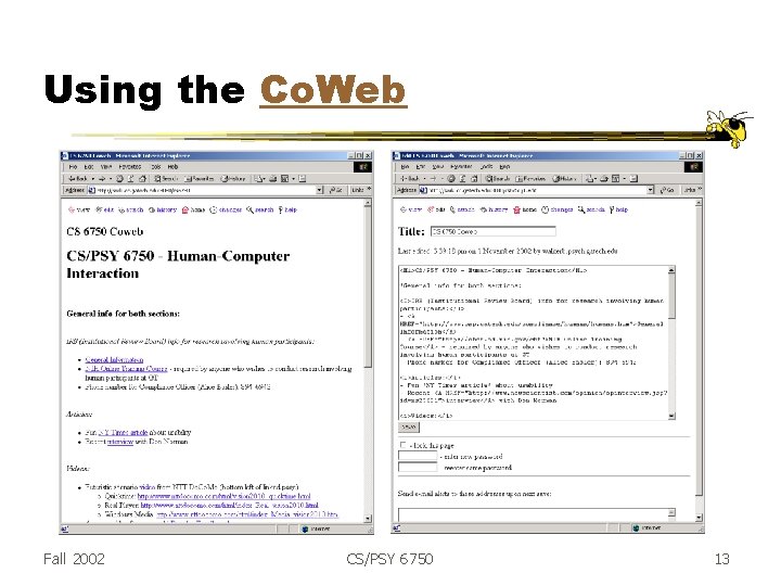 Using the Co. Web Fall 2002 CS/PSY 6750 13 