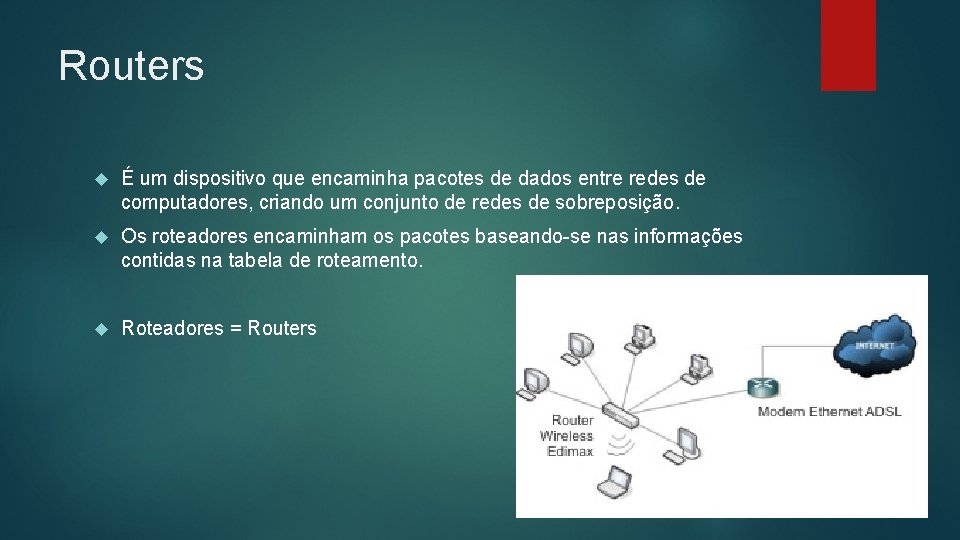 Routers É um dispositivo que encaminha pacotes de dados entre redes de computadores, criando