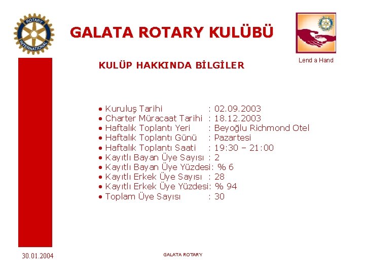 GALATA ROTARY KULÜBÜ KULÜP HAKKINDA BİLGİLER • • • 30. 01. 2004 Lend a