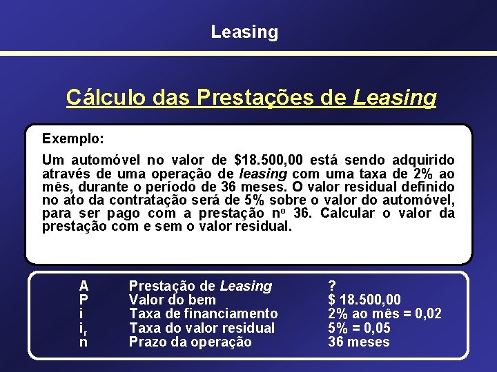 Leasing Cálculo das Prestações de Leasing Exemplo: Um automóvel no valor de $18. 500,