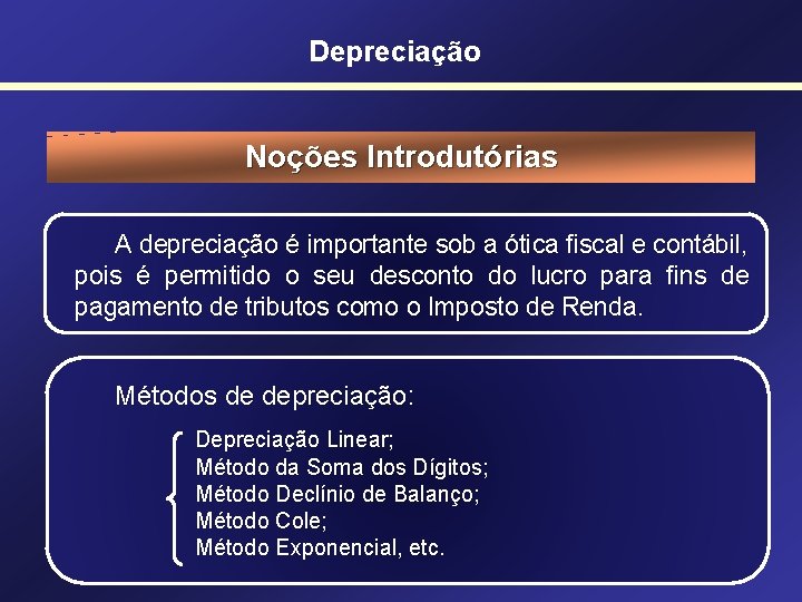 Depreciação Noções Introdutórias A depreciação é importante sob a ótica fiscal e contábil, pois