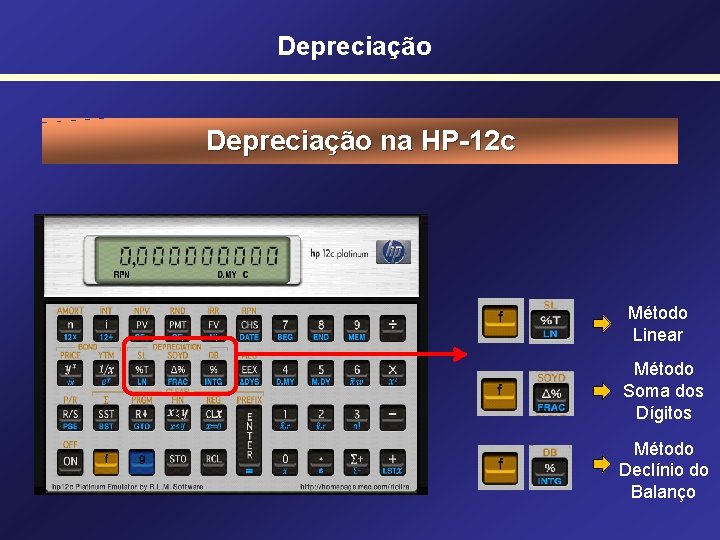 Depreciação na HP-12 c Método Linear Método Soma dos Dígitos Método Declínio do Balanço