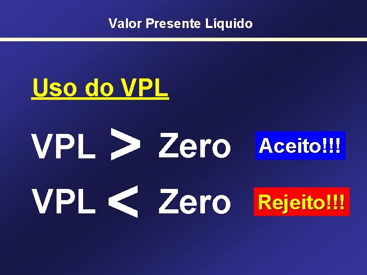 Valor Presente Líquido Uso do VPL > VPL < Zero VPL Zero Aceito!!! Rejeito!!!