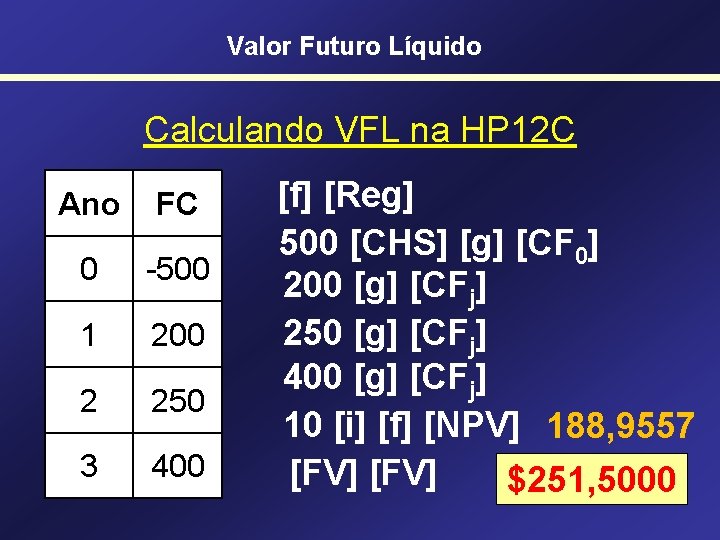 Valor Futuro Líquido Calculando VFL na HP 12 C Ano FC 0 -500 1