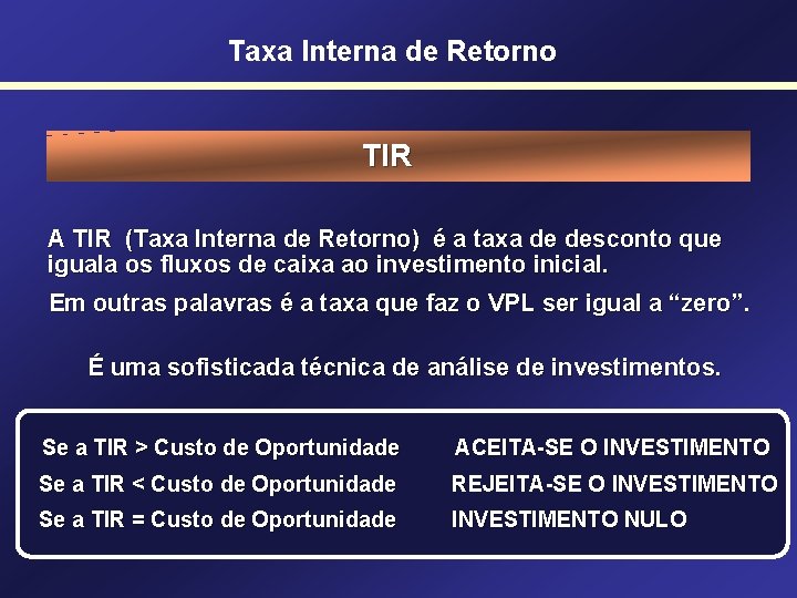 Taxa Interna de Retorno TIR A TIR (Taxa Interna de Retorno) é a taxa
