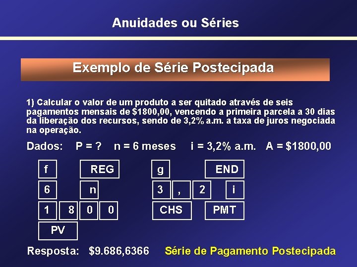 Anuidades ou Séries Exemplo de Série Postecipada 1) Calcular o valor de um produto