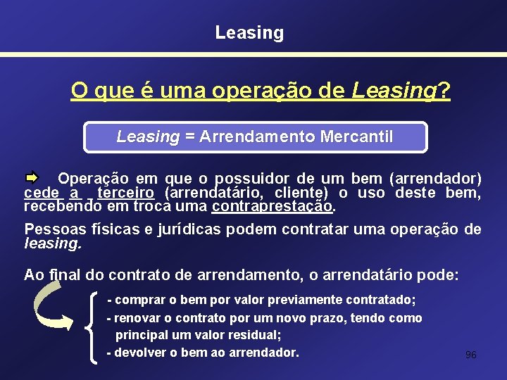 Leasing O que é uma operação de Leasing? Leasing = Arrendamento Mercantil Operação em