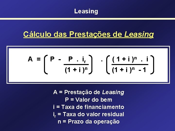 Leasing Cálculo das Prestações de Leasing A = P - P. ir (1 +