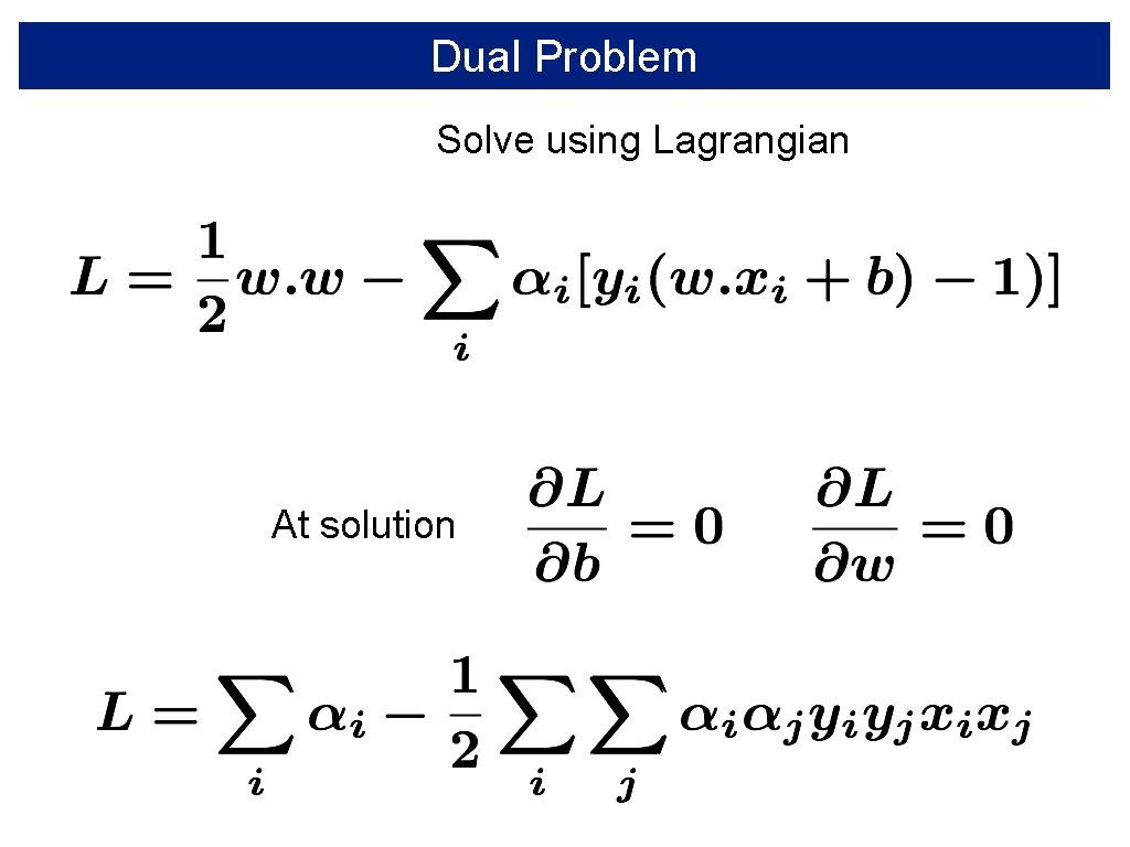 Dual Problem Solve using Lagrangian At solution 