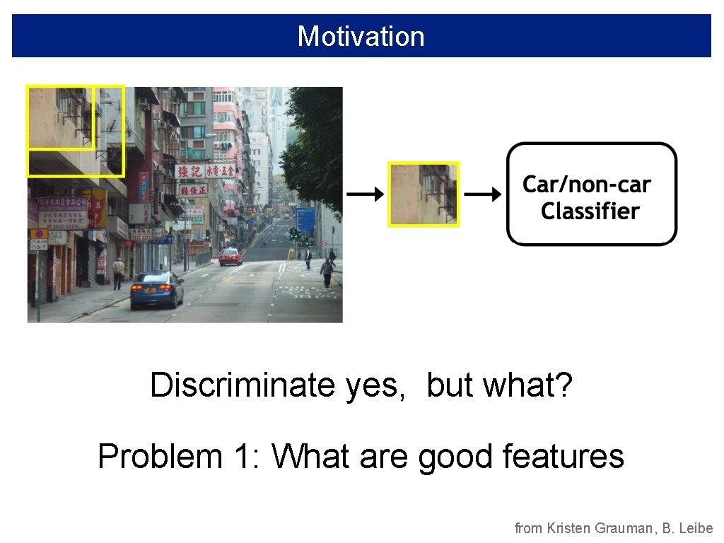 Motivation Discriminate yes, but what? Problem 1: What are good features from Kristen Grauman,