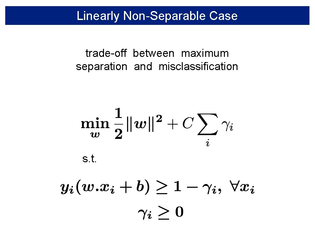 Linearly Non-Separable Case trade-off between maximum separation and misclassification s. t. 