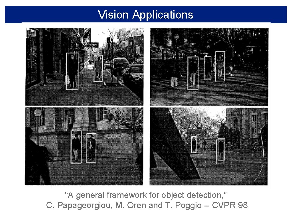 Vision Applications “A general framework for object detection, ” C. Papageorgiou, M. Oren and