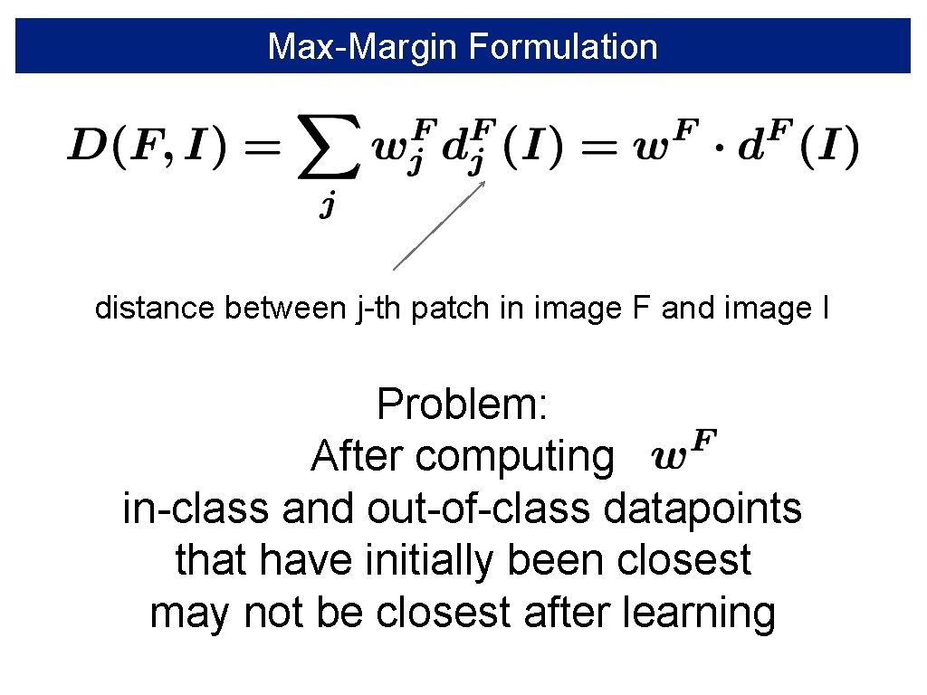 Max-Margin Formulation distance between j-th patch in image F and image I Problem: After