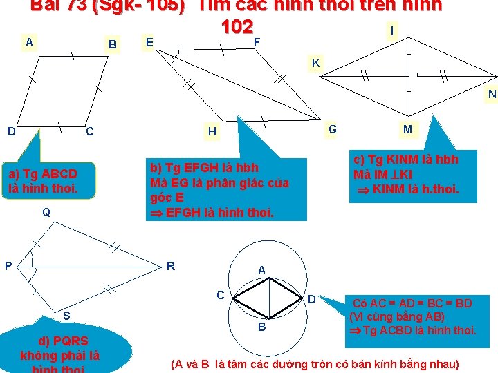 Bài 73 (Sgk- 105) Tìm các hình thoi trên hình 102 I A B