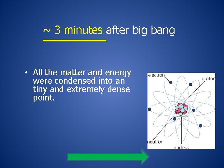 ~ 3 minutes after big bang • All the matter and energy were condensed