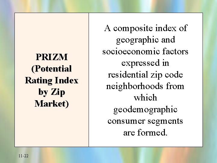 PRIZM (Potential Rating Index by Zip Market) 11 -22 A composite index of geographic