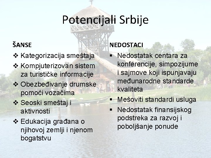 Potencijali Srbije ŠANSE NEDOSTACI v Kategorizacija smeštaja v Kompjuterizovan sistem za turističke informacije v