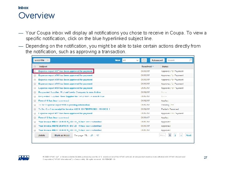Inbox Overview — Your Coupa inbox will display all notifications you chose to receive