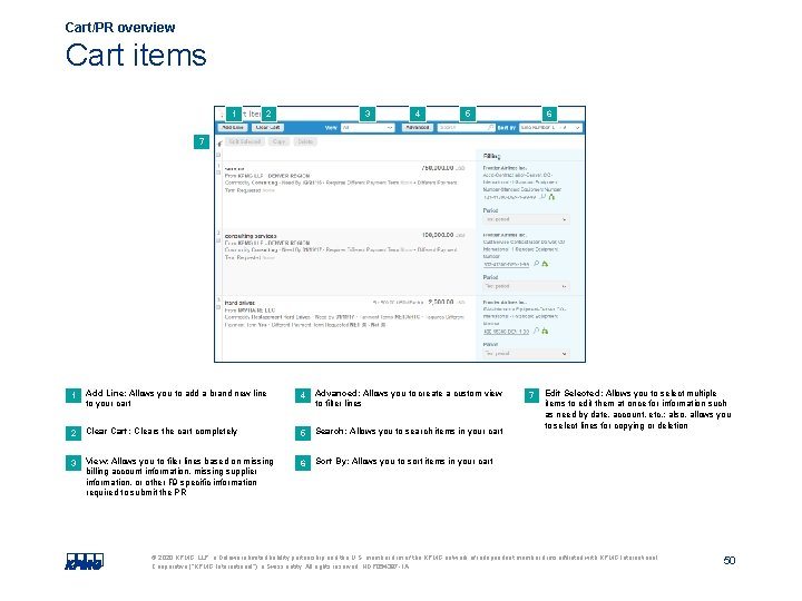 Cart/PR overview Cart items 1 2 3 4 5 6 7 1 Add Line: