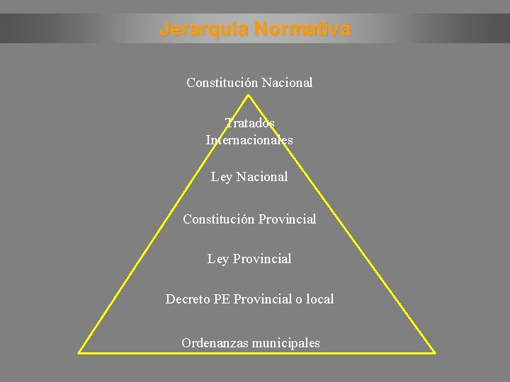 Jerarquía Normativa Constitución Nacional Tratados Internacionales Ley Nacional Constitución Provincial Ley Provincial Decreto PE
