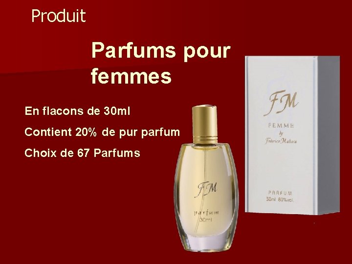 Produit Parfums pour femmes En flacons de 30 ml Contient 20% de pur parfum