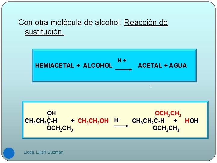 Con otra molécula de alcohol: Reacción de sustitución. HEMIACETAL + ALCOHOL H+ OH CH