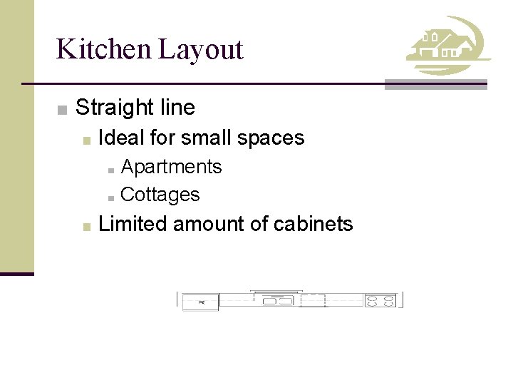 Kitchen Layout ■ Straight line ■ Ideal for small spaces ■ Apartments ■ Cottages