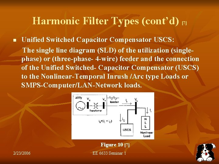 Harmonic Filter Types (cont’d) [7] n Unified Switched Capacitor Compensator USCS: The single line