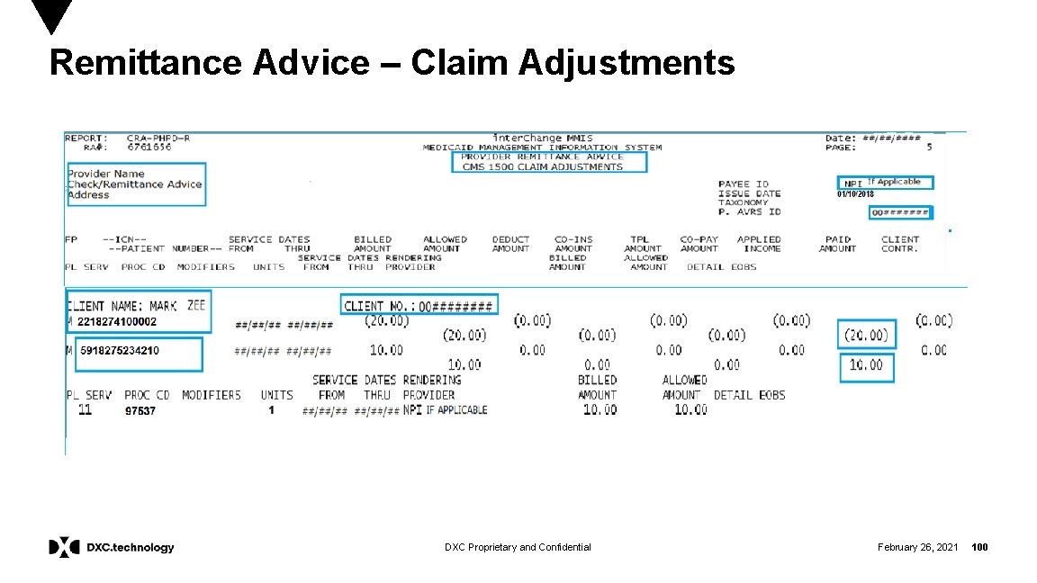 Remittance Advice – Claim Adjustments DXC Proprietary and Confidential February 26, 2021 100 