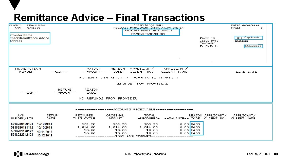 Remittance Advice – Final Transactions DXC Proprietary and Confidential February 26, 2021 101 