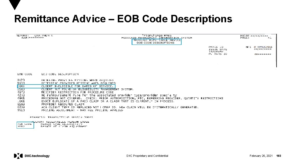 Remittance Advice – EOB Code Descriptions DXC Proprietary and Confidential February 26, 2021 103