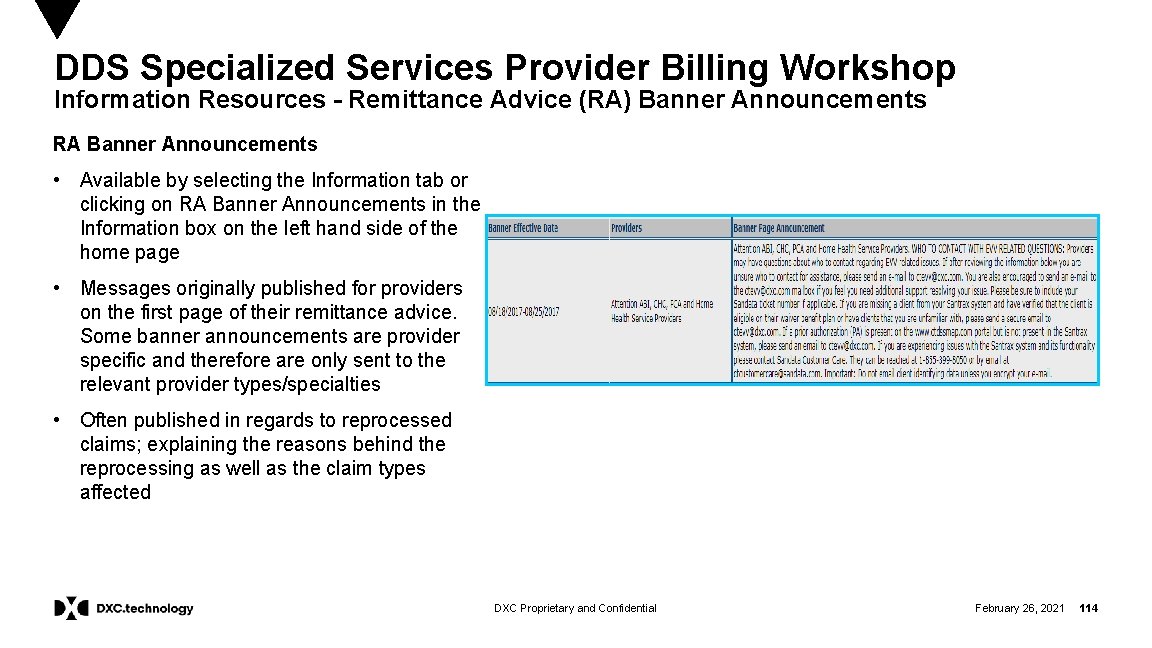 DDS Specialized Services Provider Billing Workshop Information Resources - Remittance Advice (RA) Banner Announcements