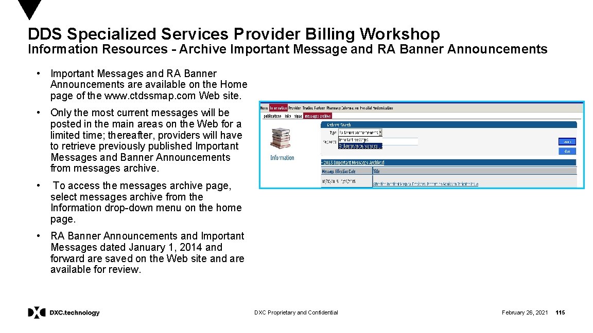 DDS Specialized Services Provider Billing Workshop Information Resources - Archive Important Message and RA